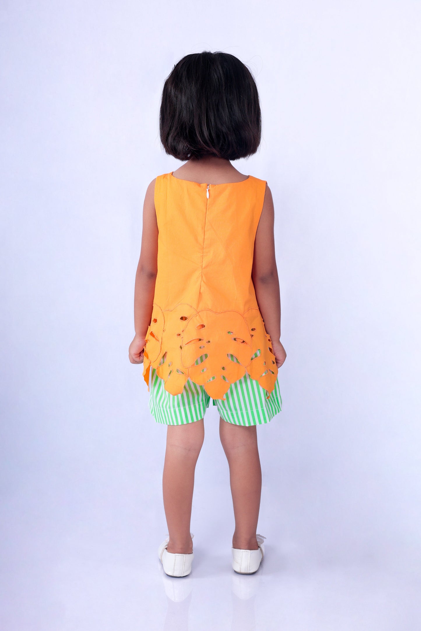 Orange Top with Green and White Stripe Shorts