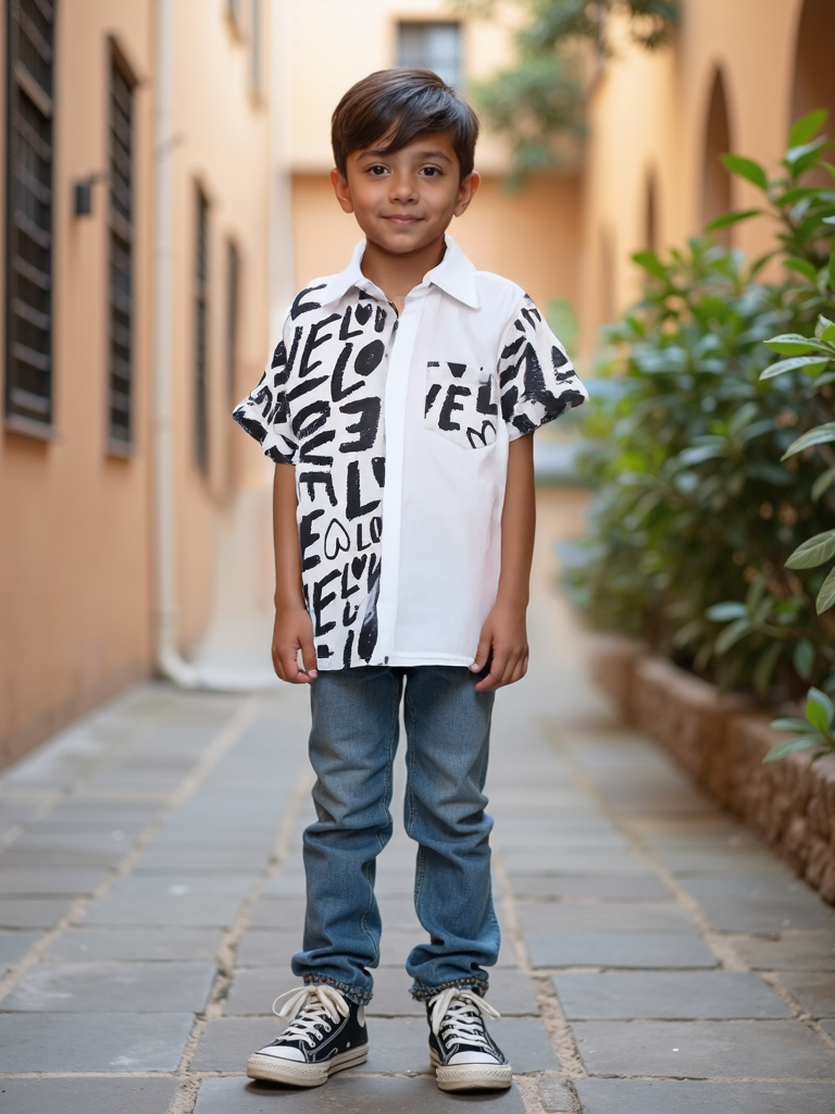 Graphic Love Print Boys Cotton Shirt