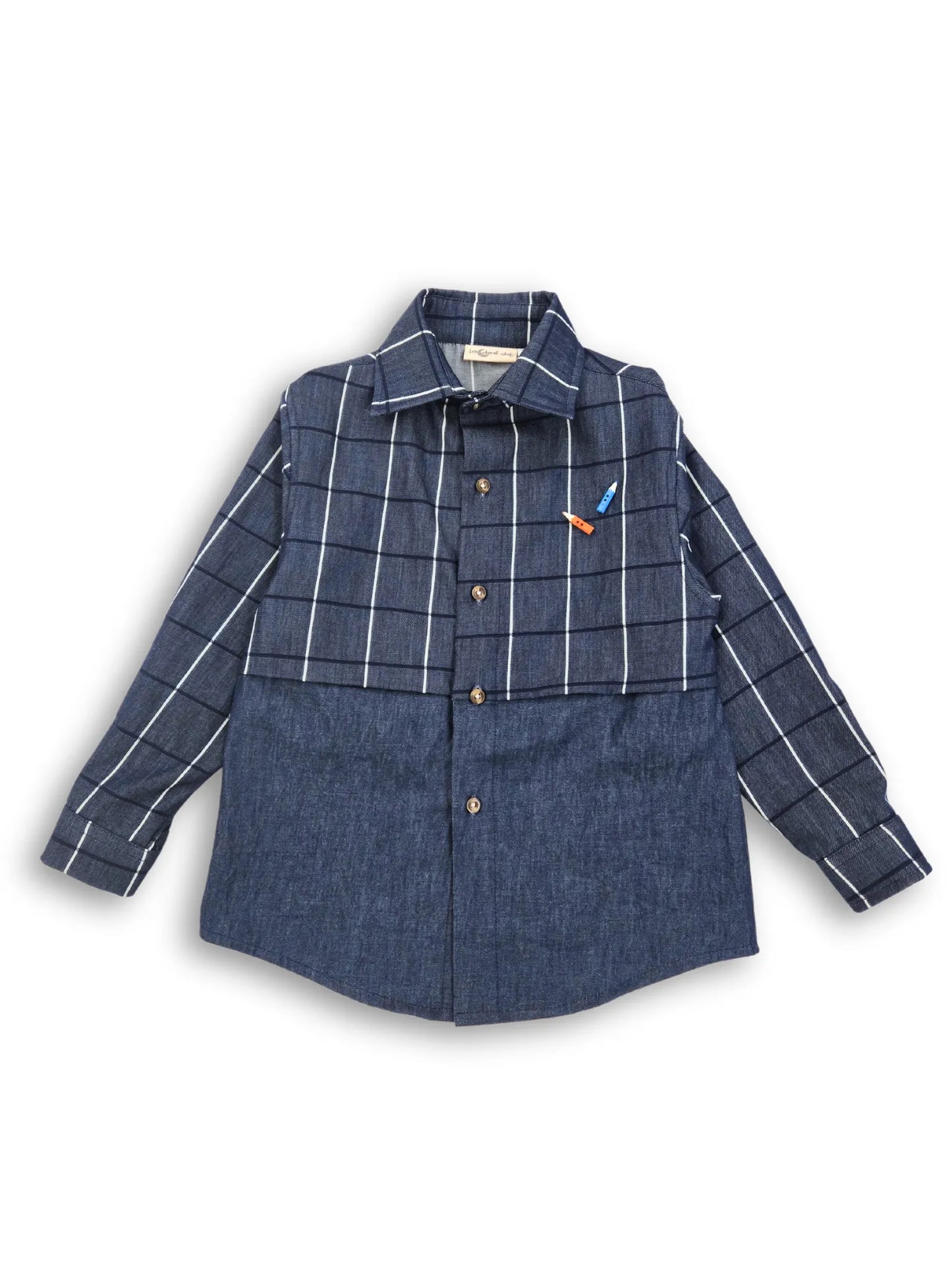 Dark Denim Checks Half and Half Boys Shirt with Pencils