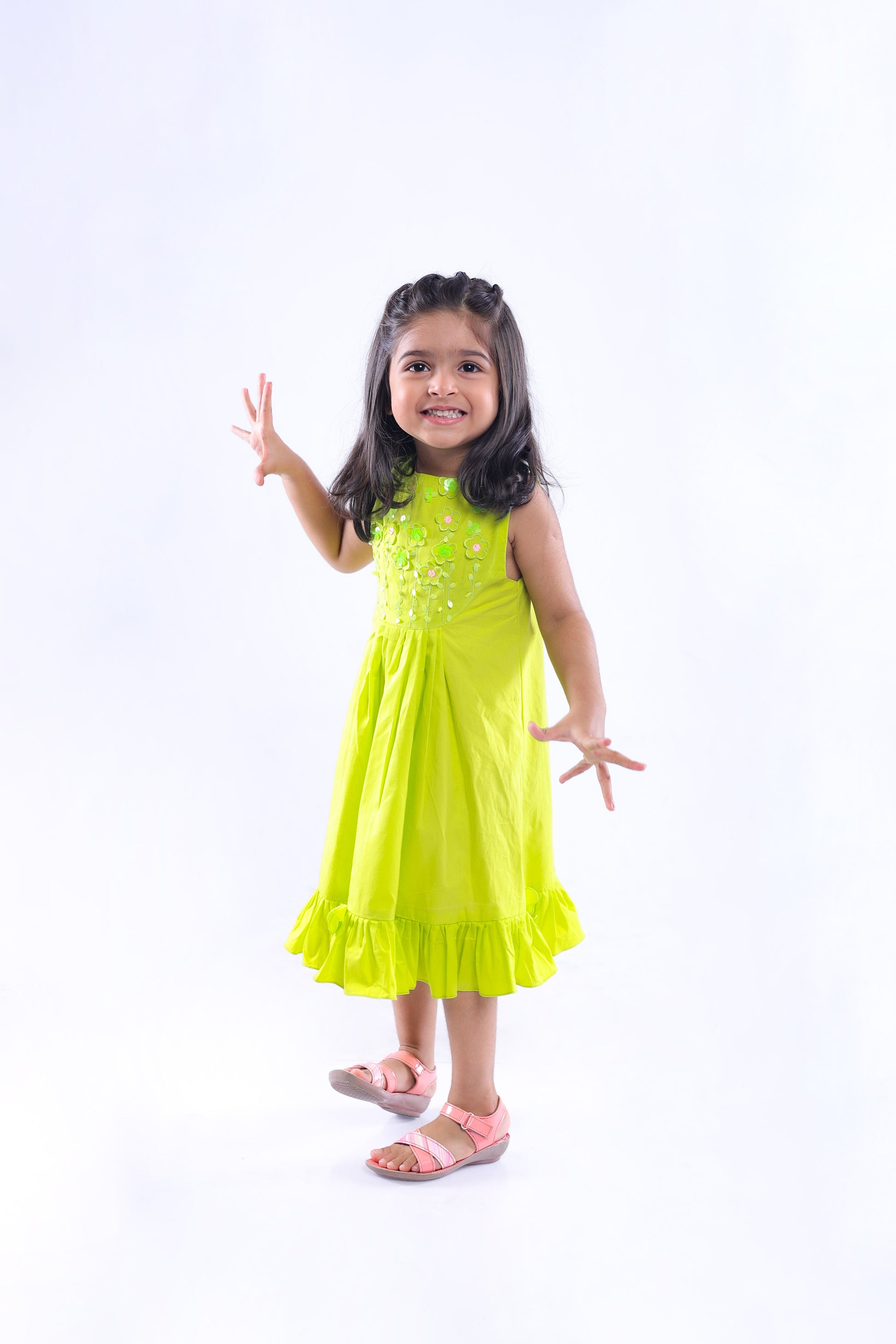 Lime Dress with Cutwork Flower Embroidery