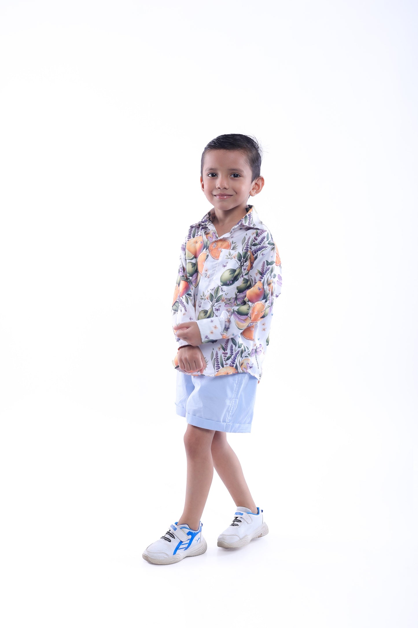 Orange and Dragonfly Printed Shirt and Blue Shorts