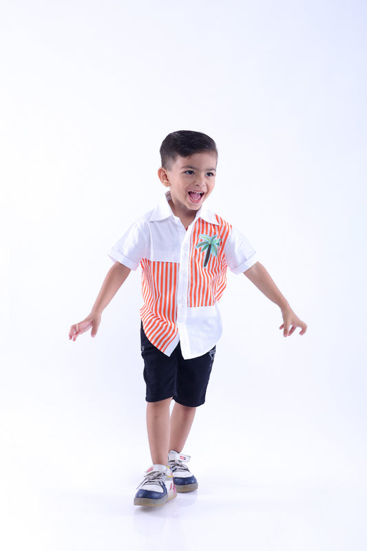 White and Orange Stripe Shirt with Embroidered Tree