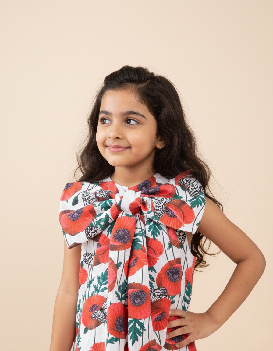 Poppy Bloom Bow Floral Cotton Dress