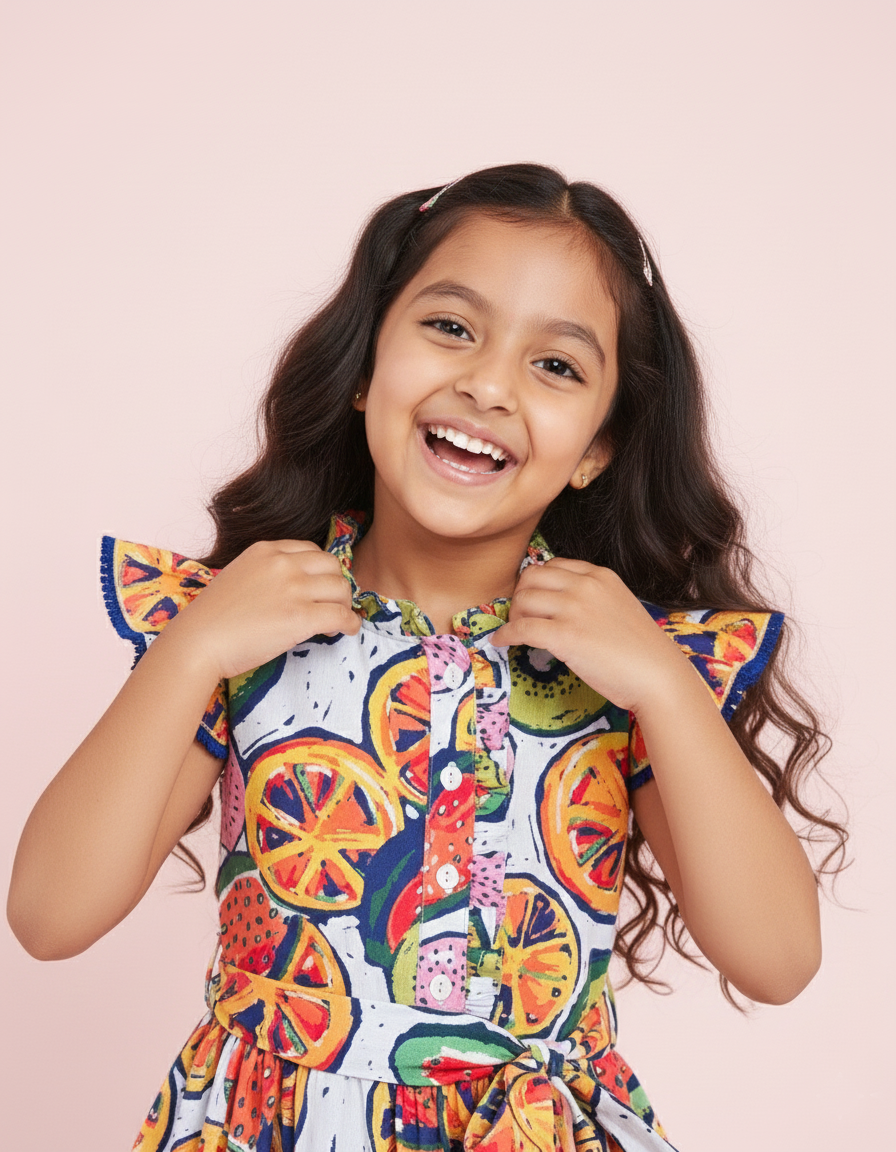 Citrus Splash Ruffle Colourful cotton Dress