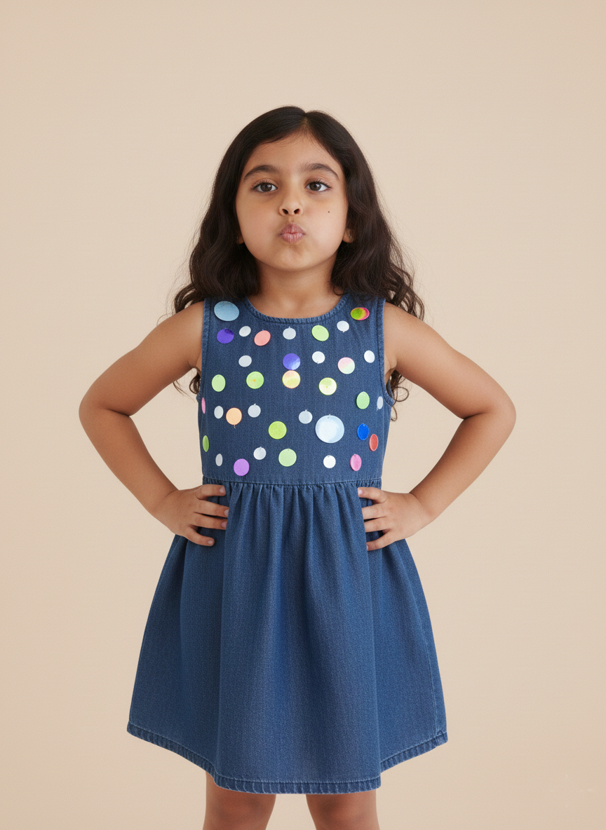 Sequence Embroidered Dark Denim Dress