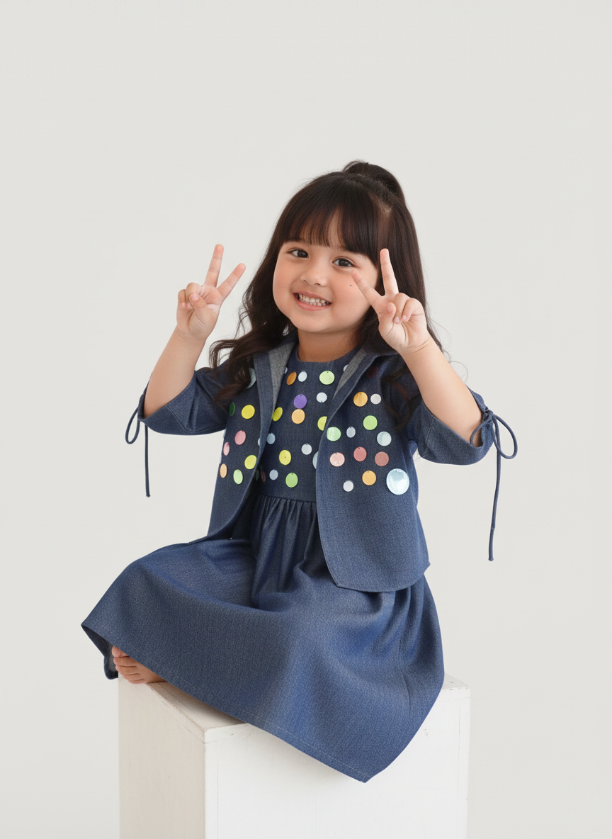 Sequence Embroidered Dark Denim Dress with Jacket