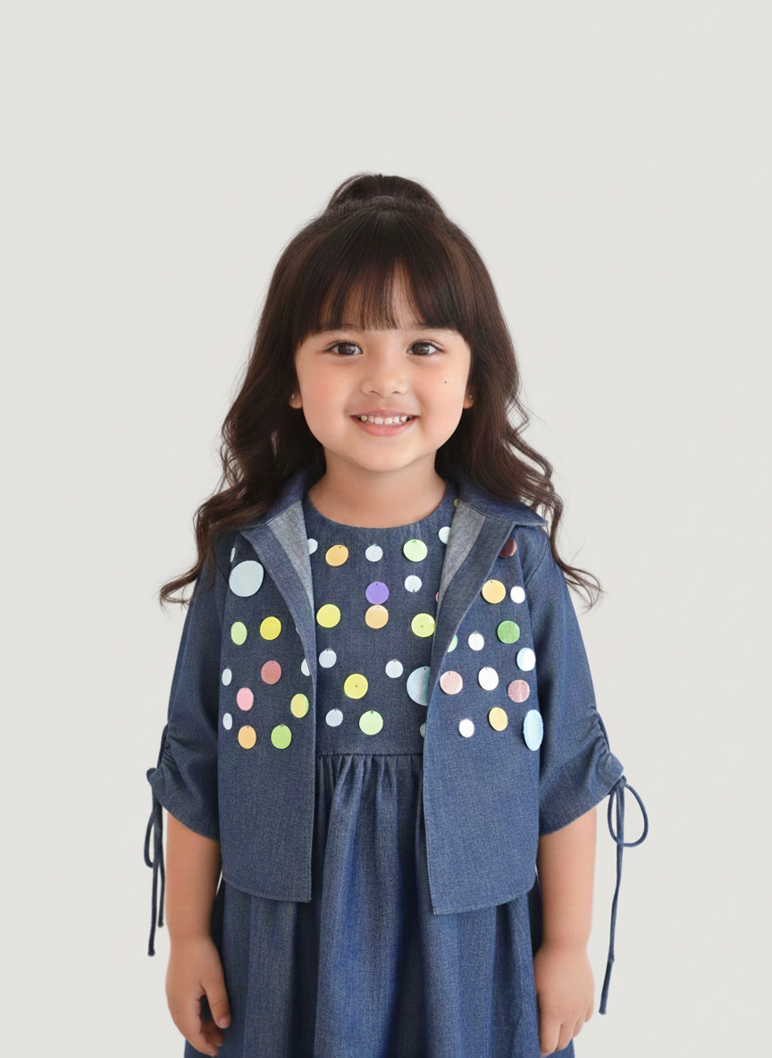 Sequence Embroidered Dark Denim Dress with Jacket