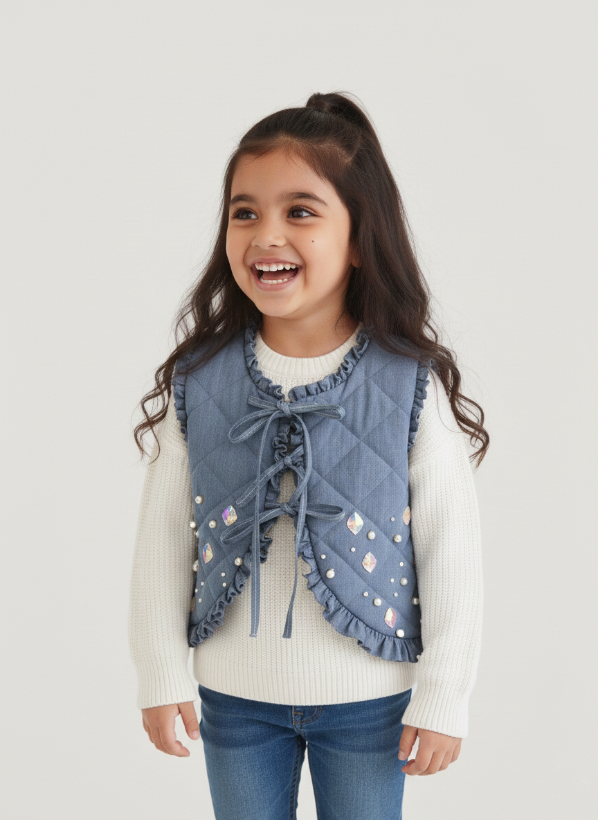 Embroidered Denim Girls Sleeveless Jacket