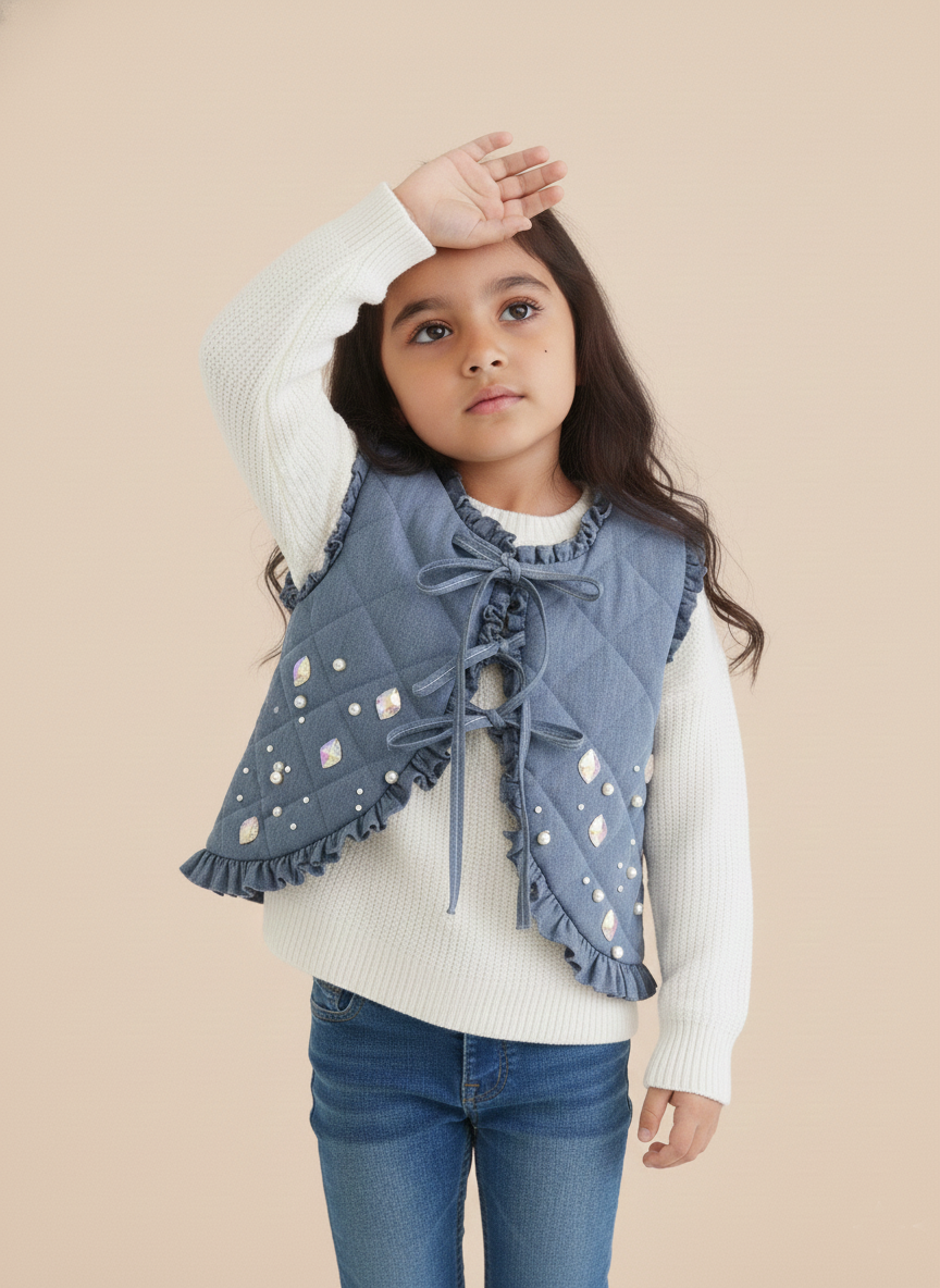 Embroidered Denim Girls Sleeveless Jacket