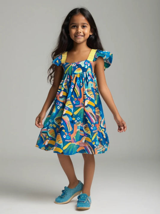 Tropical Tweet Bird Cotton Blue Dress
