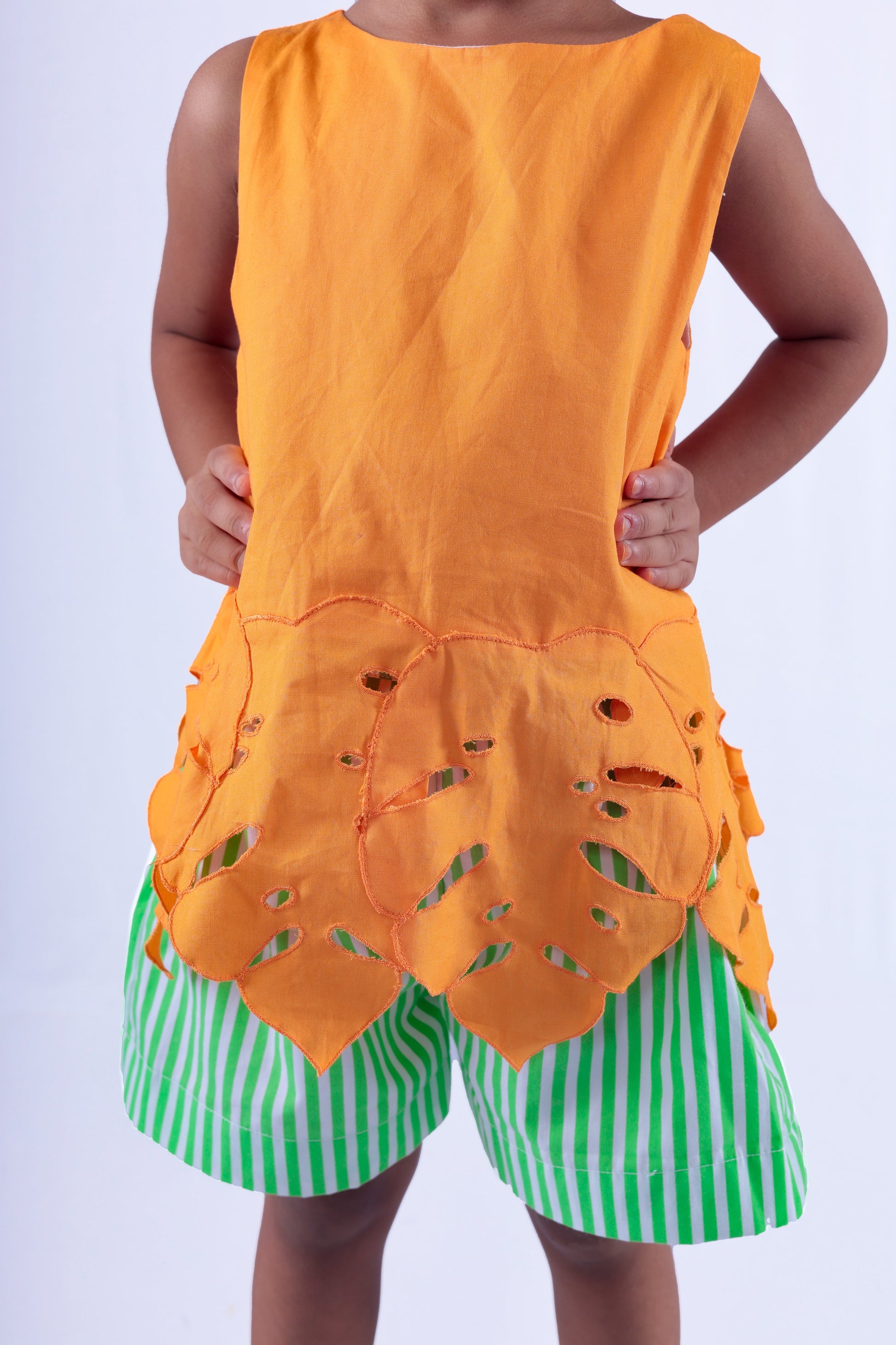 Orange Top with Green and White Stripe Shorts