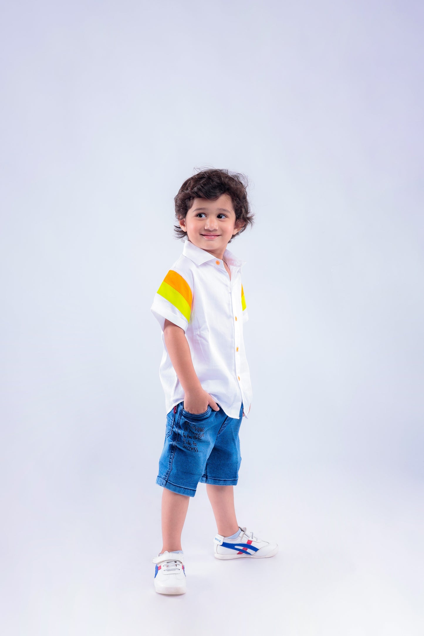 White Shirt with Green & Orange Stripes